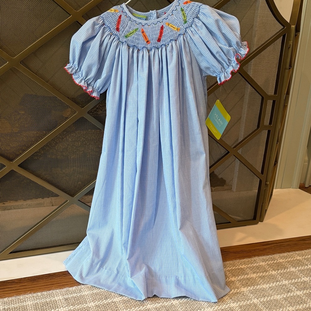 Charming Blue Smocked Kids School Dress with Embroidery